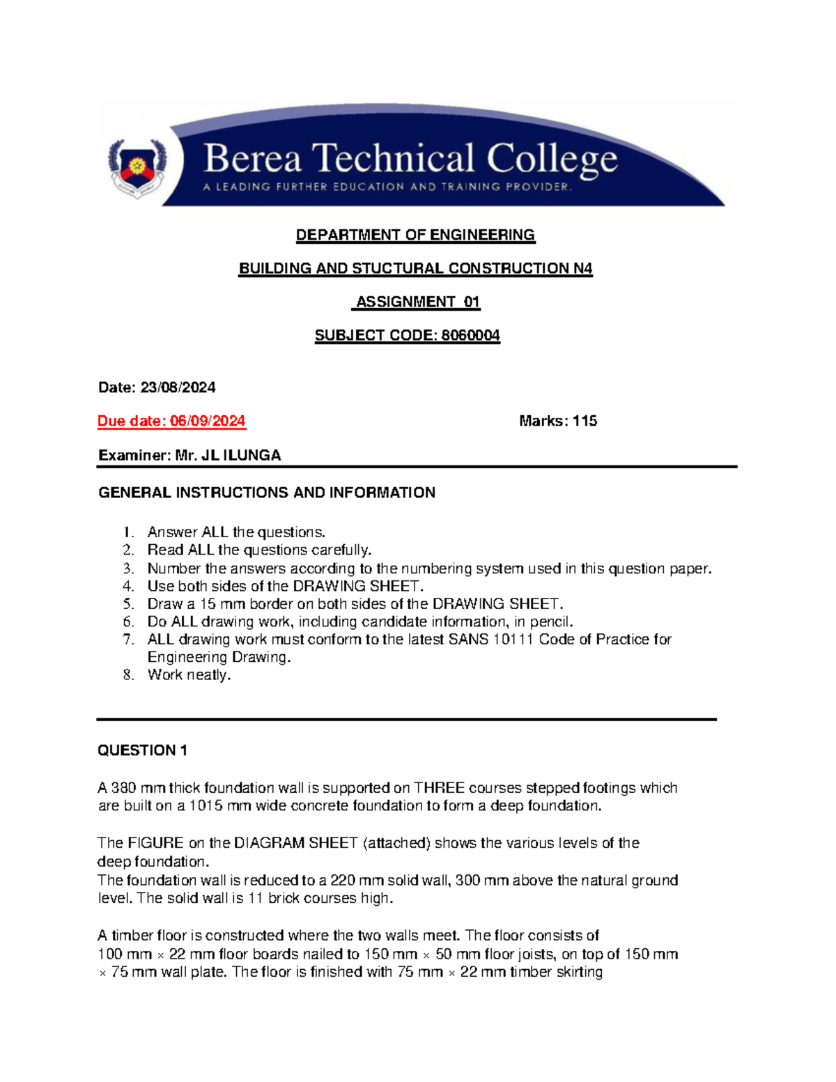 BSC N4 Assignment 01 - Building and Structural Construction - Studocu