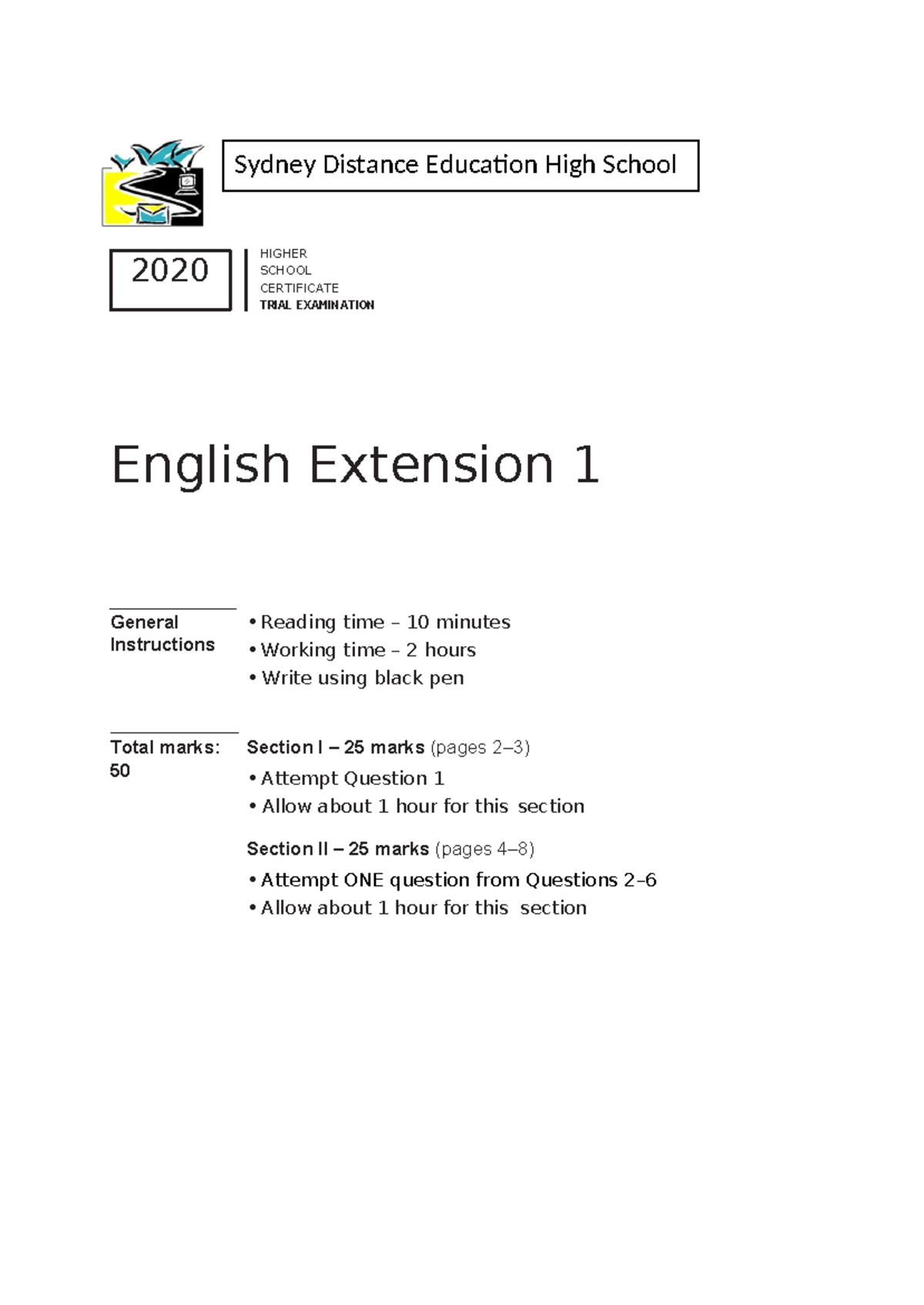 2020 SDEHS English Ext. 1 Trial Exam Paper - Studocu