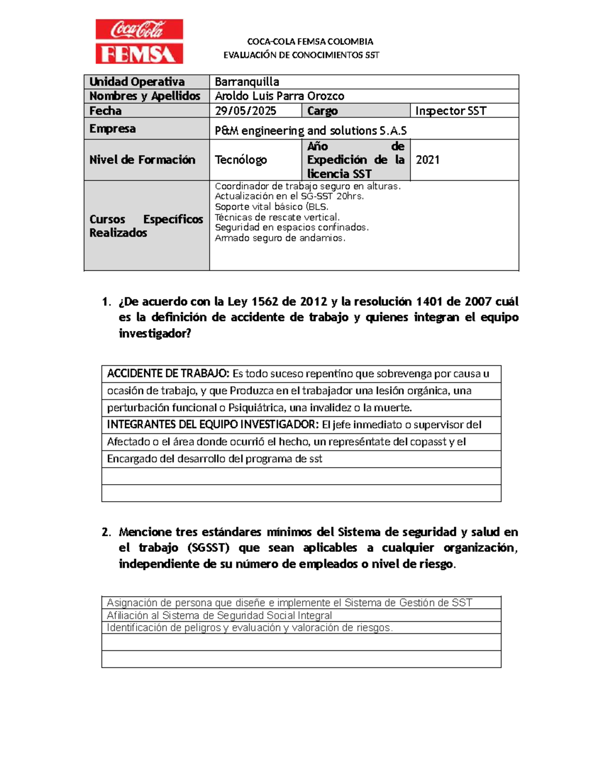 FEMSA COLOMBIA: Evaluación General de Conocimientos en SST - Document Preview