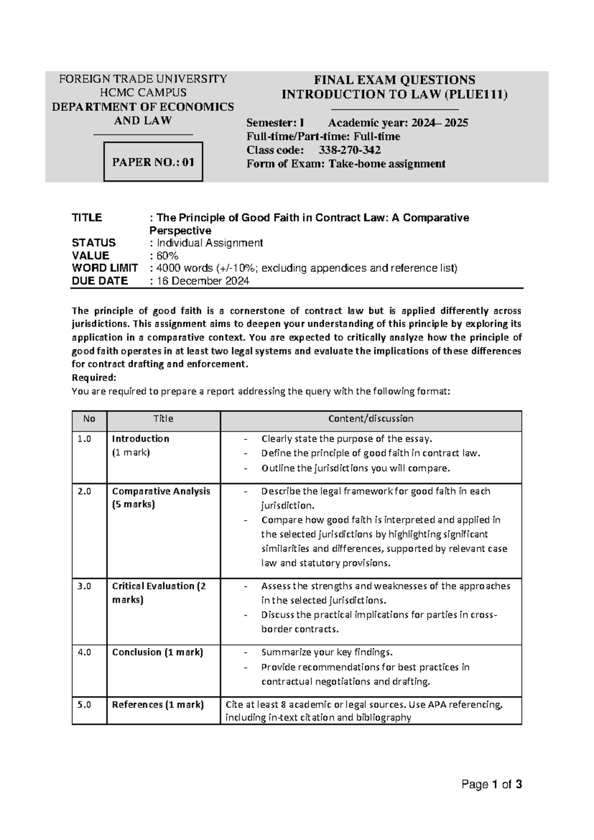 Introduction TO Common LAW - Final Assignment 12.2024 - Page 1 of 3 ...