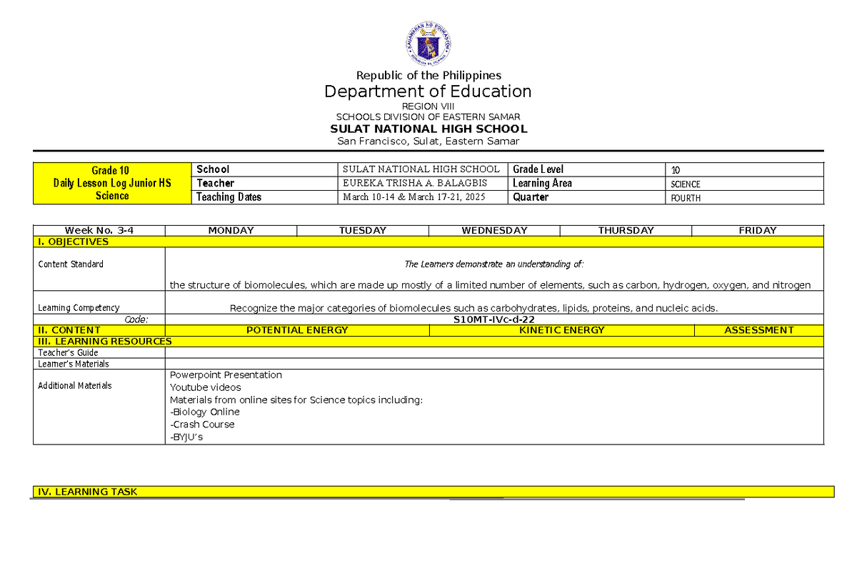 Grade 10 Science Daily Lesson Log (4th Quarter) - Week 3-4 - Studocu