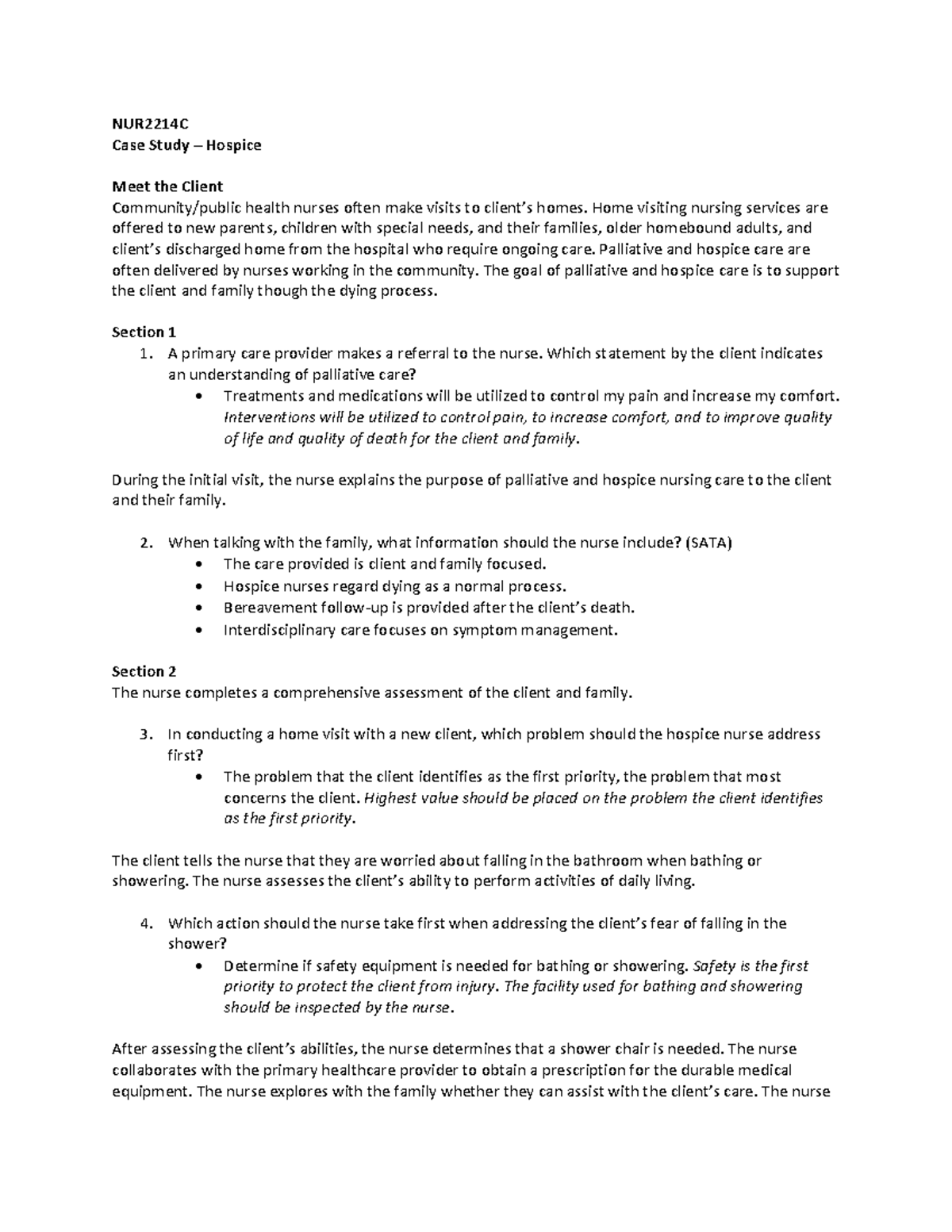 NUR2214C Final Exam Case Study on Hospice Care and Palliative Nursing ...