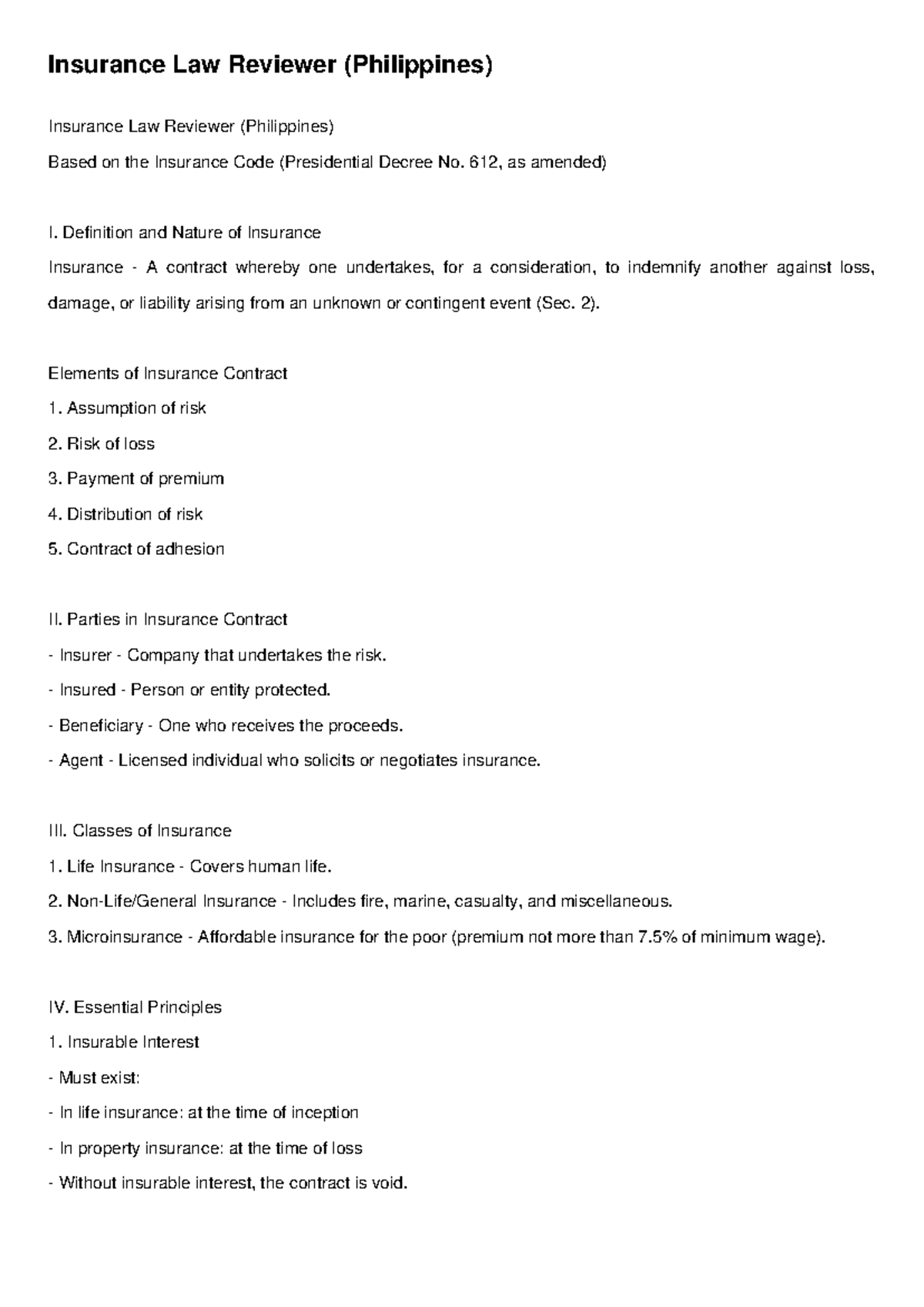 Insurance Law Reviewer (Philippines): Key Concepts & Principles - Studocu