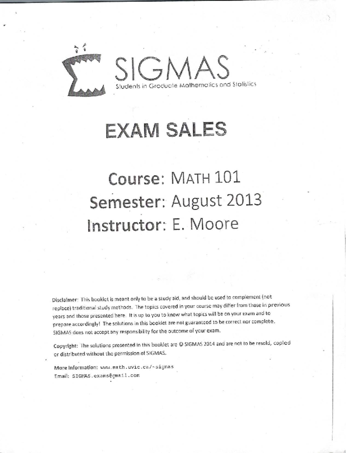 MATH 101 Final Exam Study Guide - August 2013 - E. Moore - Studocu