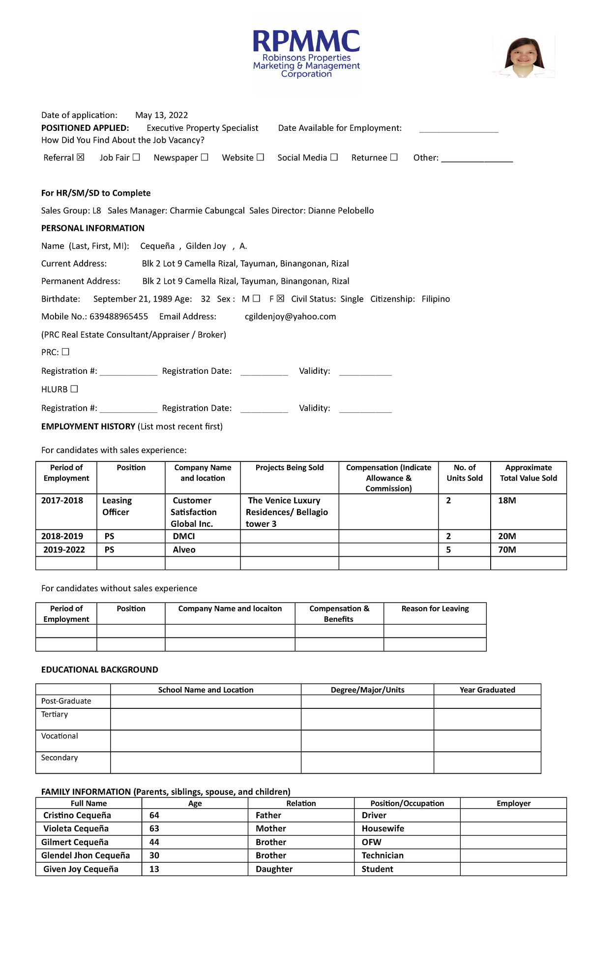 Rpmmc New Applicant Form - Date of application: May 13, 2022 POSITIONED ...