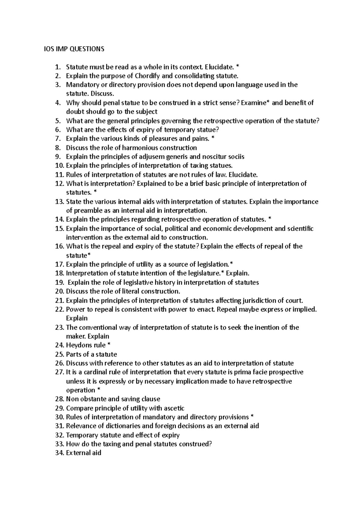 IOS Important Questions on Statutory Interpretation and Principles ...