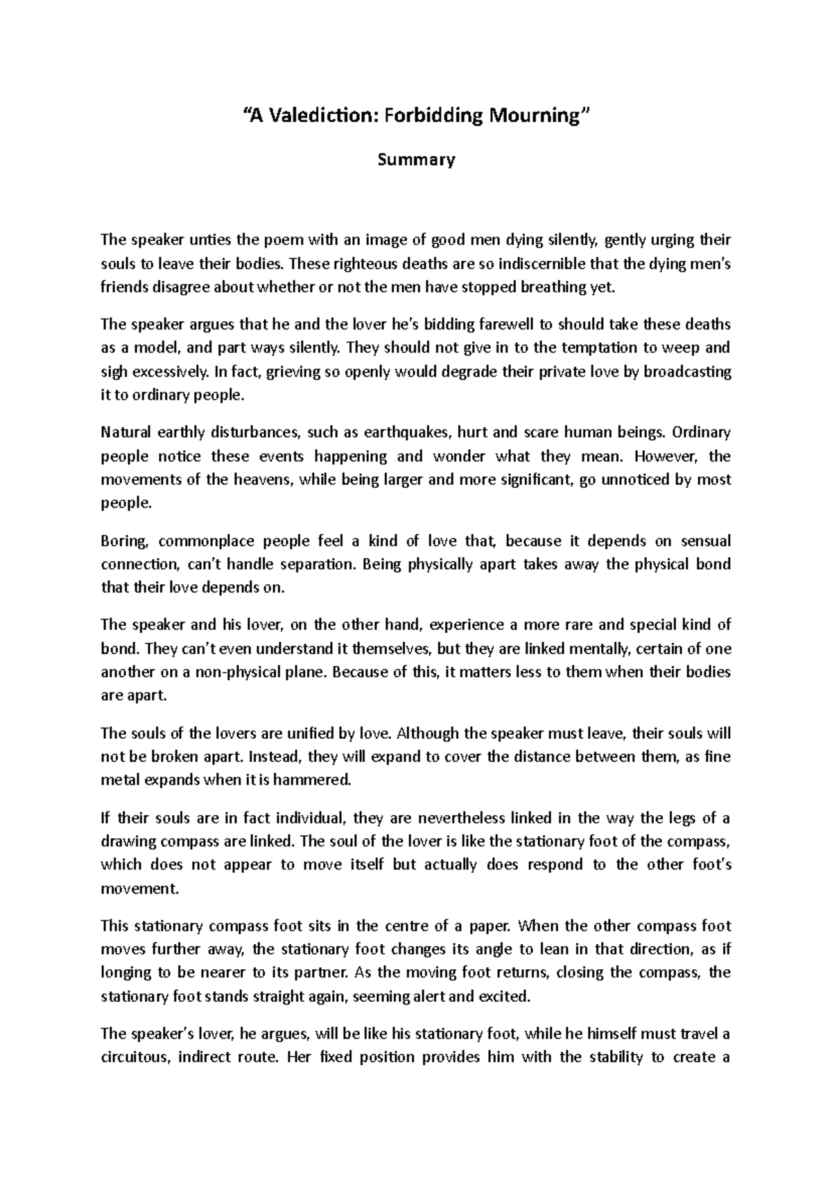 A Valediction: Forbidding Mourning - Summary & Analysis - Studocu