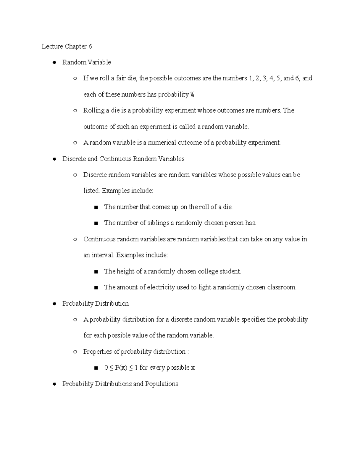 Lecture Chapter 6 & 7 - Lecture Chapter 6 Random Variable If we roll a ...