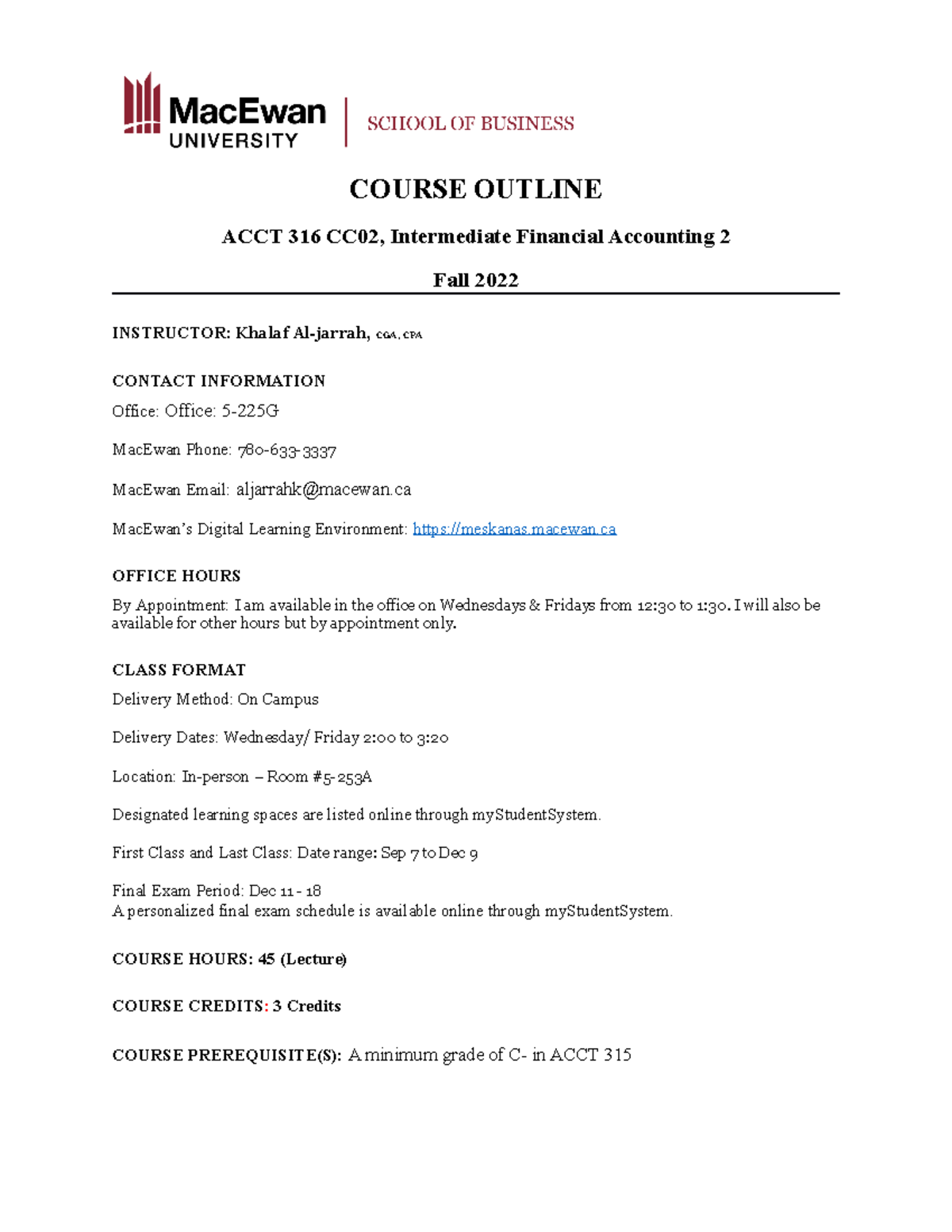 Acct 316 F22 CC02- Intermediate Financial Accounting 2 Course Outline ...