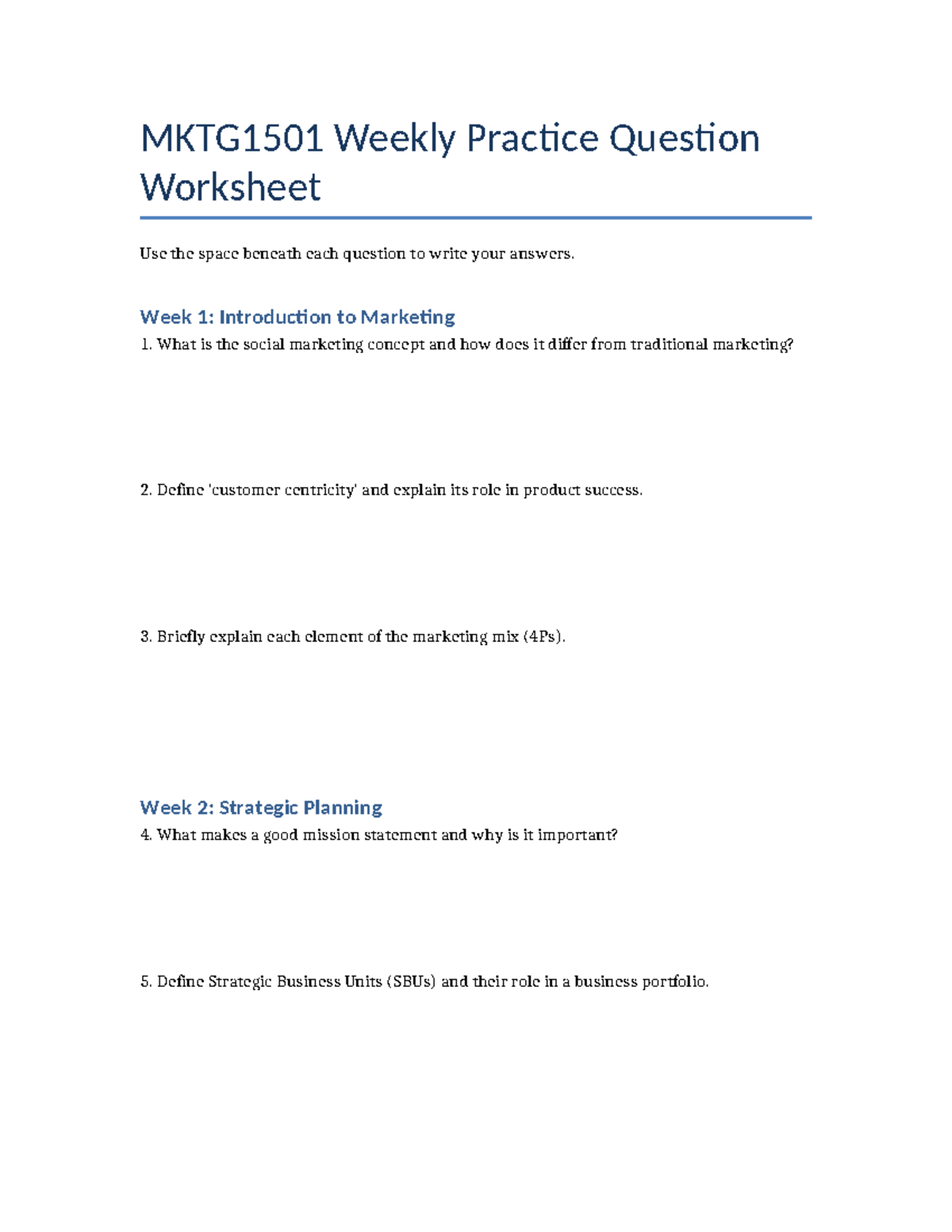 MKTG1501 Weekly Practice Questions and Answers Guide - Studocu