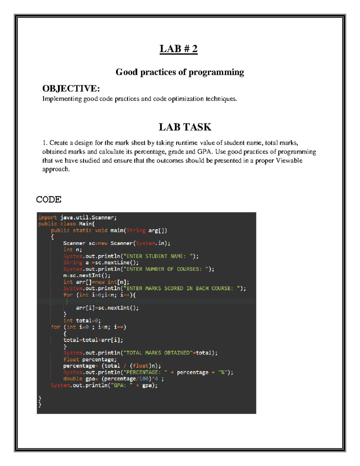 LAB 2 SCD - Good Programming Practices Implementation - Studocu