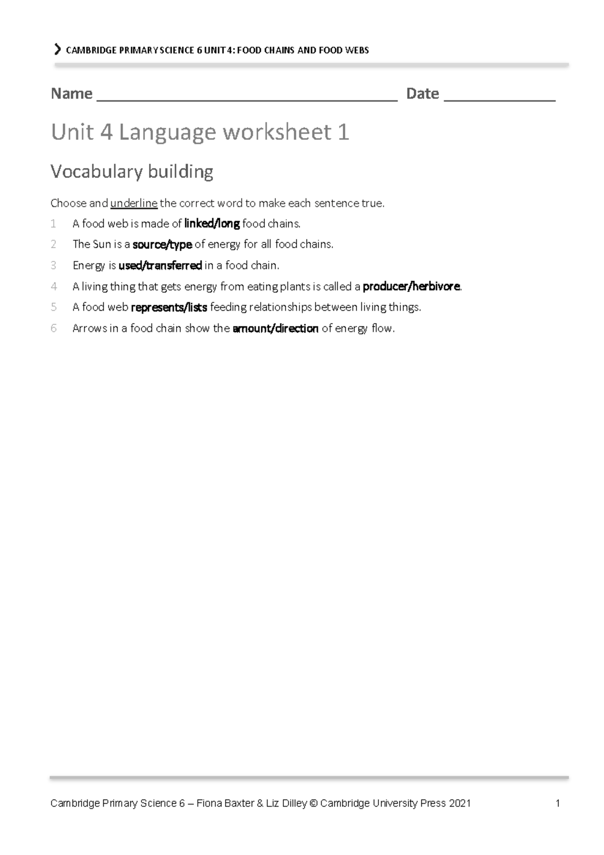 CAMBRIDGE PRIMARY SCIENCE 6 UNIT 4: FOOD CHAINS & WEBS Worksheets - Studocu