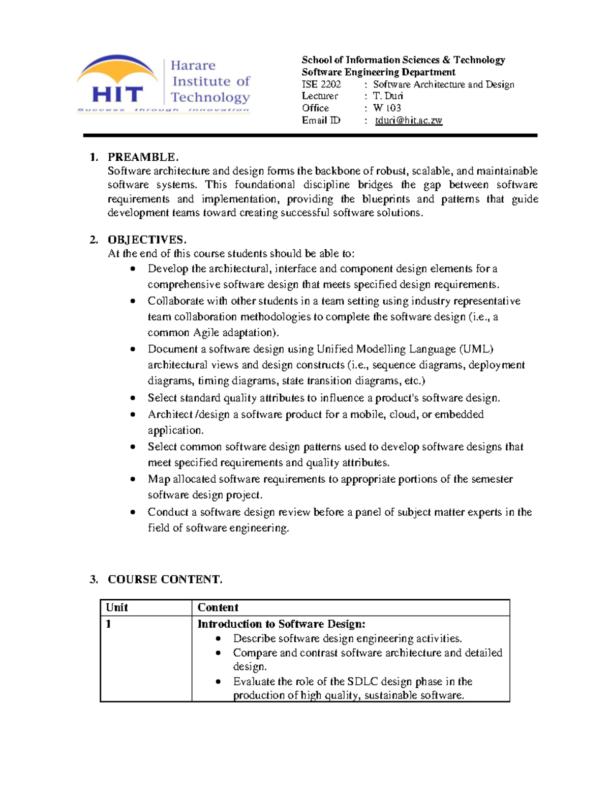 ISE 2202 - Software Architecture and Design Course Outline - Studocu