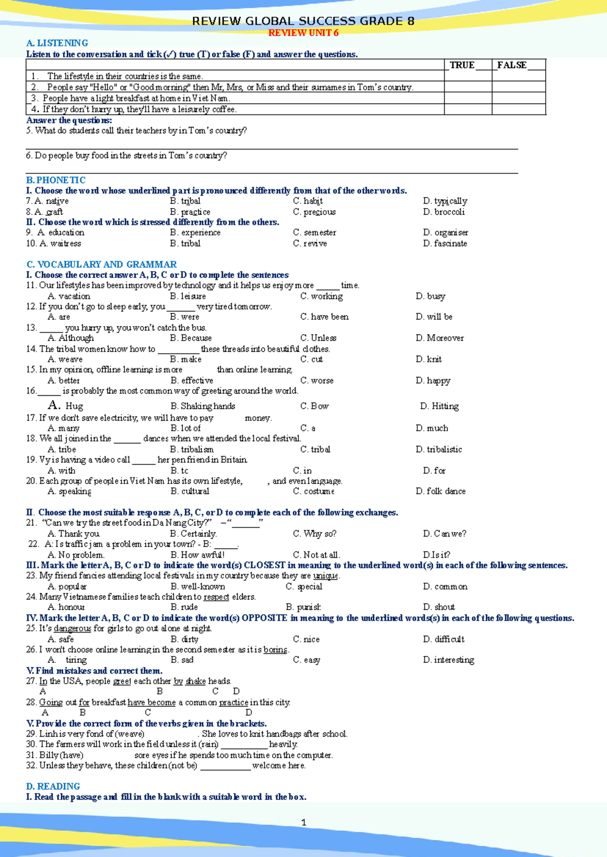 REVIEW GLOBAL SUCCESS GRADE 8: UNIT 6 LISTENING & PHONETICS - Studocu