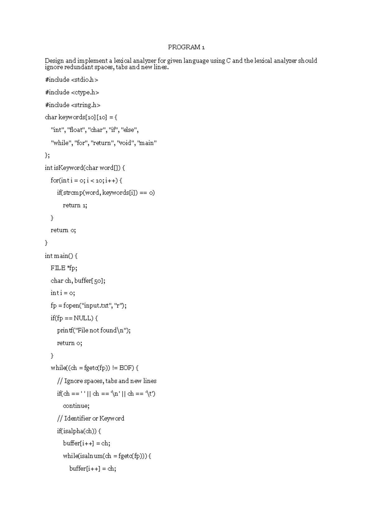 Experiment 1: Lexical Analyzer Design & Implementation in C - Studocu