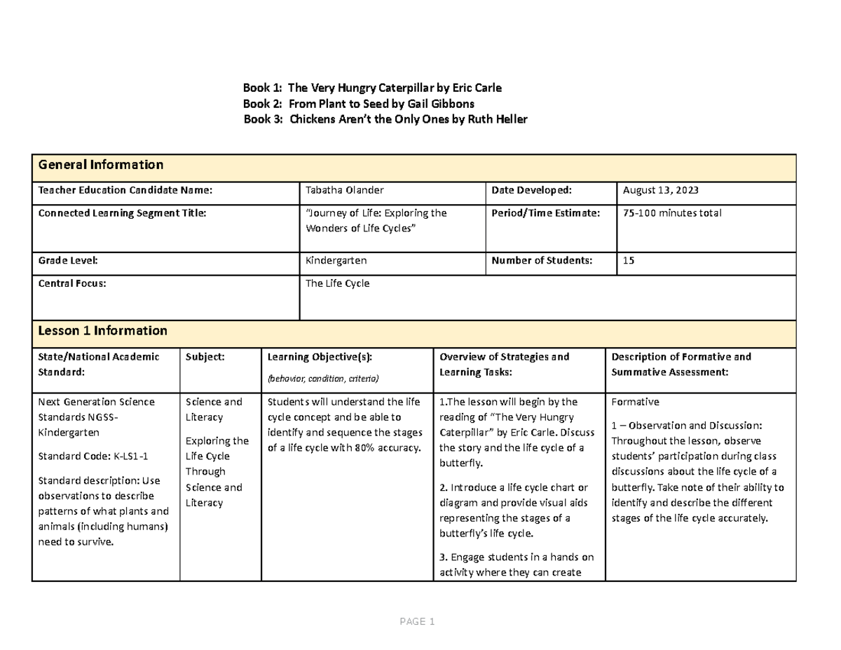 C970 Task 2: Life Cycle Exploration for Kindergarten Students - Studocu