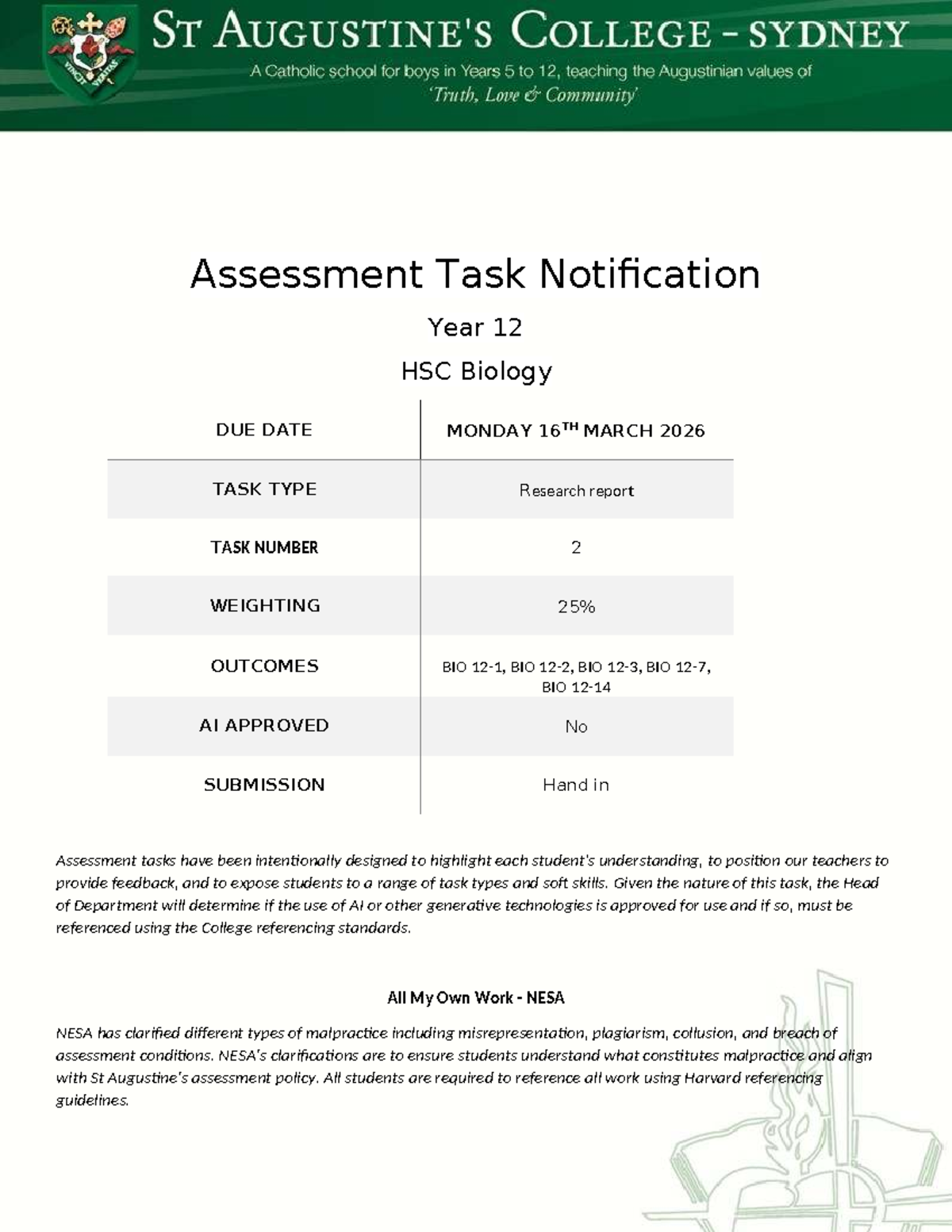 12 HSC Biology Task 2 Research Report Notification - Due Mar 16, 2026 ...