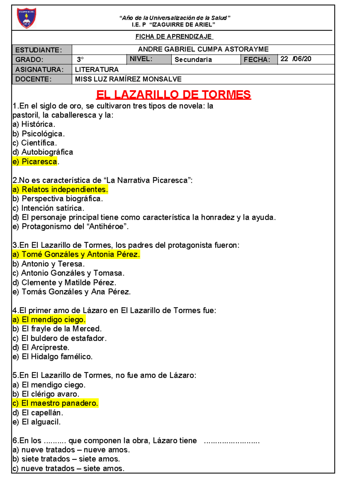 Preguntas sobre Lazarillo de Tormes - Literatura Secundaria 22/06/2020 ...