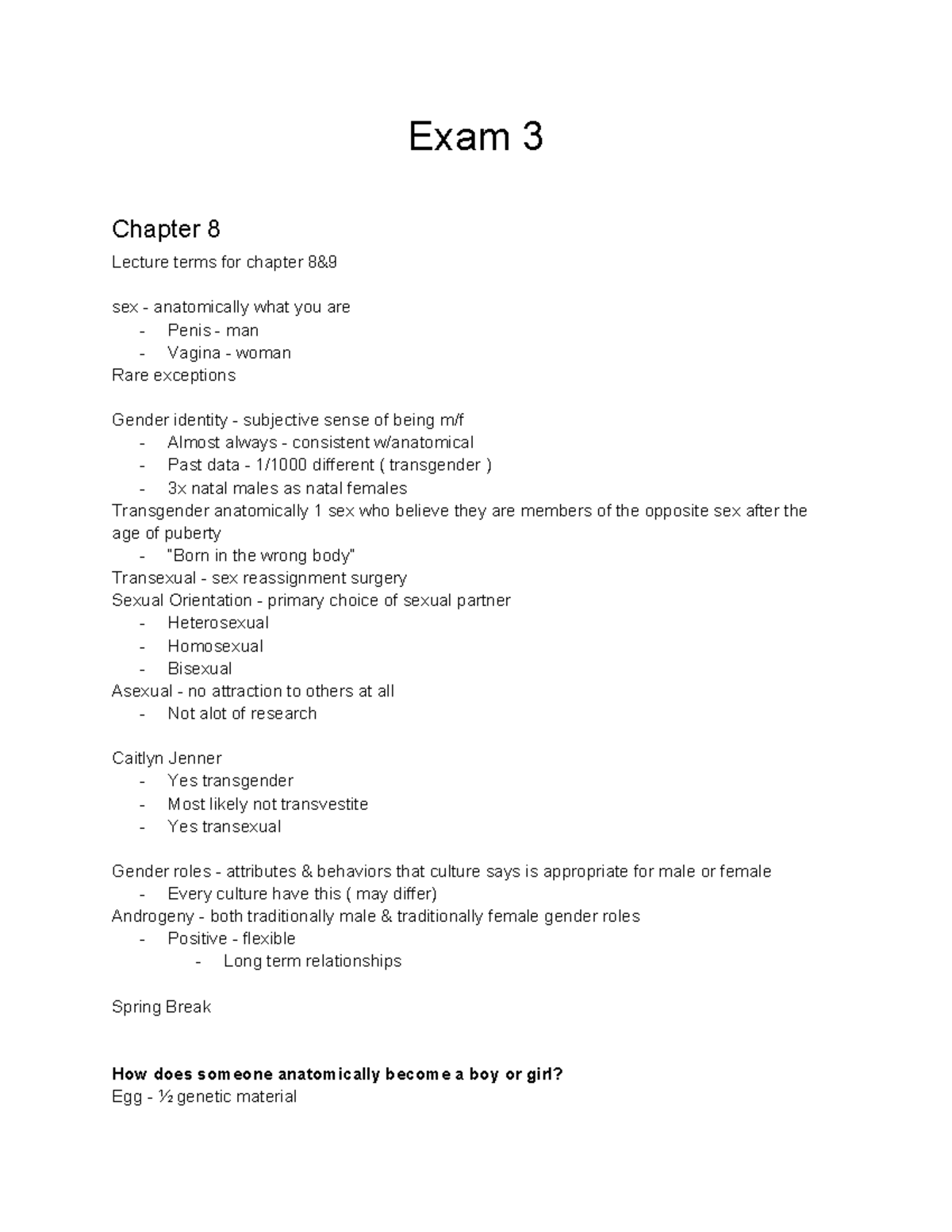 Chapter 8 exam 3 lecture terms on gender identity and sexual ...