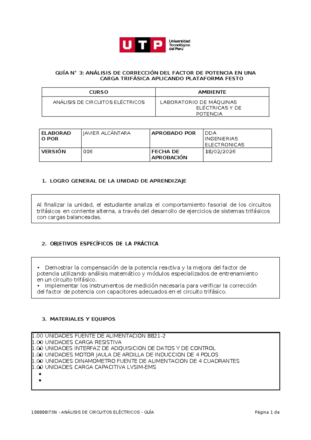 GUÍA 3: ANÁLISIS DE CORRECCIÓN DEL FACTOR DE POTENCIA EN CARGA TRIFÁSICA - - Document Preview