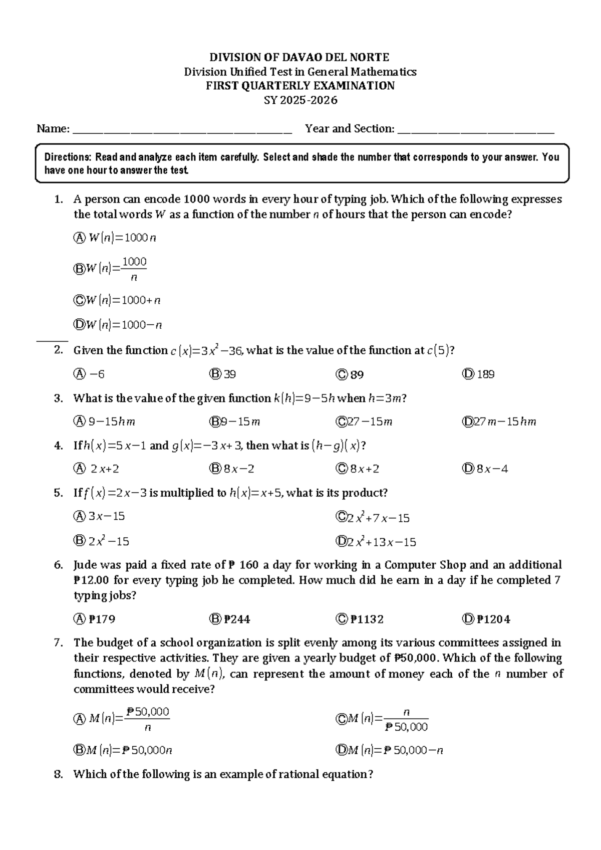 Grade 11 Gen Math TQ Q1 2025-2026 Unified Test Review - Studocu