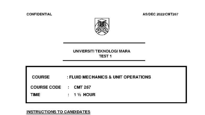 Test 1 Questions for CMT 267: Fluid Mechanics Unit Operations - Studocu