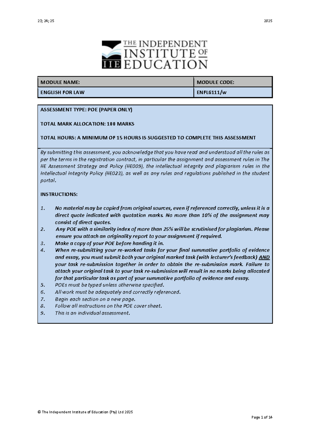 English for Law POE: Assessment Guidelines and Legal Drafting 2025 ...