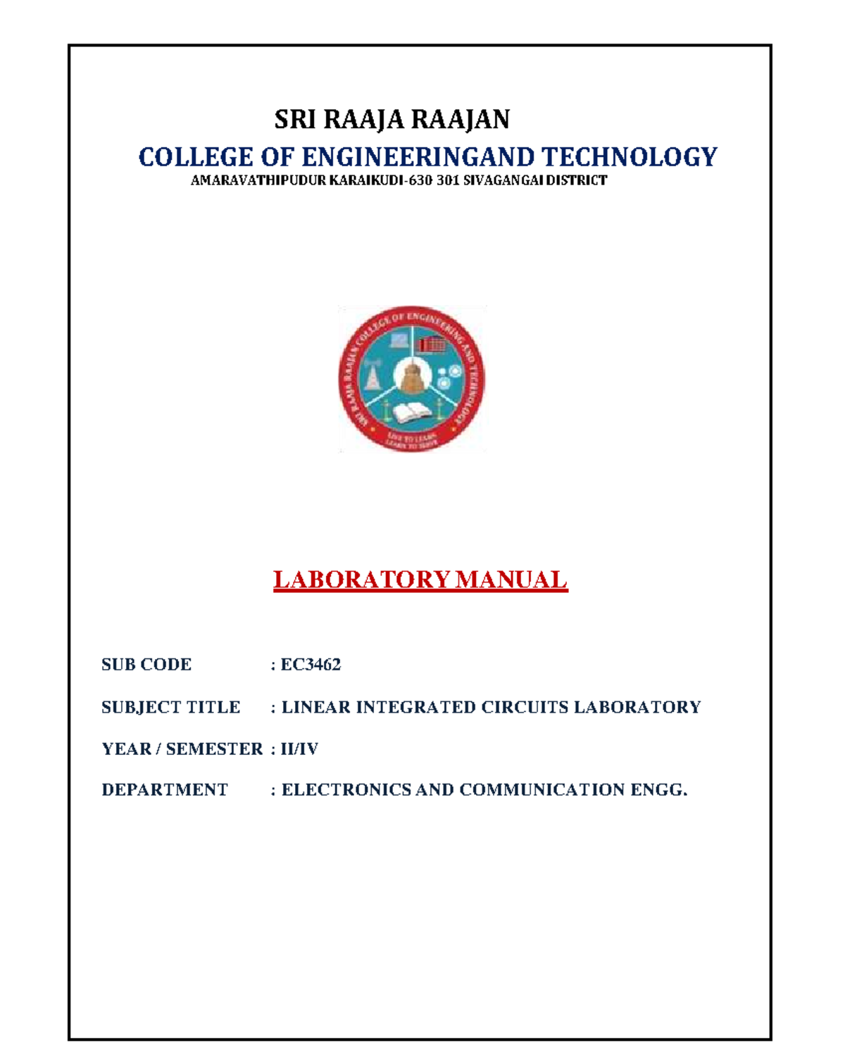 EC3462 Linear Integrated Circuits Laboratory Manual - Studocu