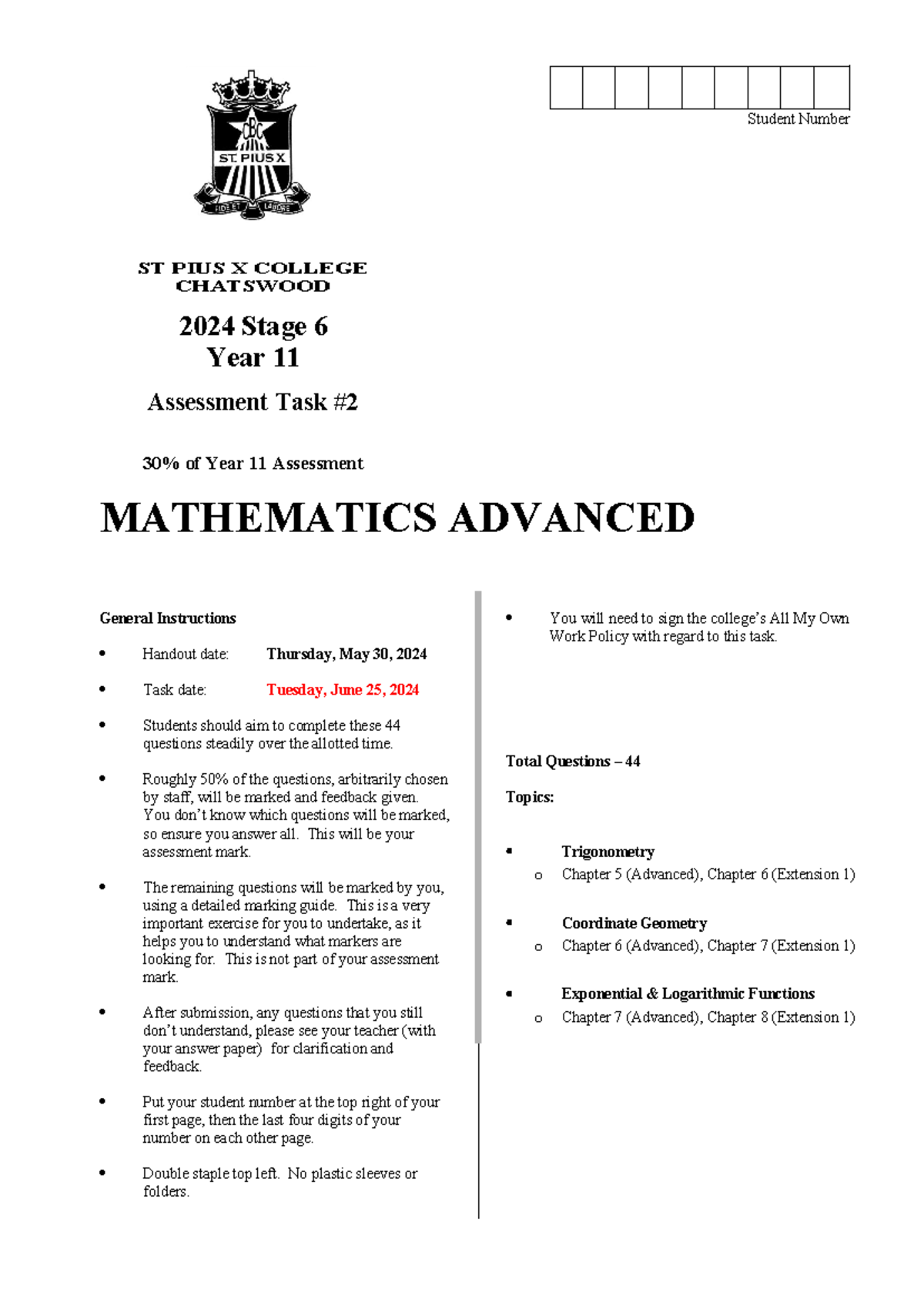 Yr11 Mathematics Advanced Assessment Task T2 2024 - Studocu
