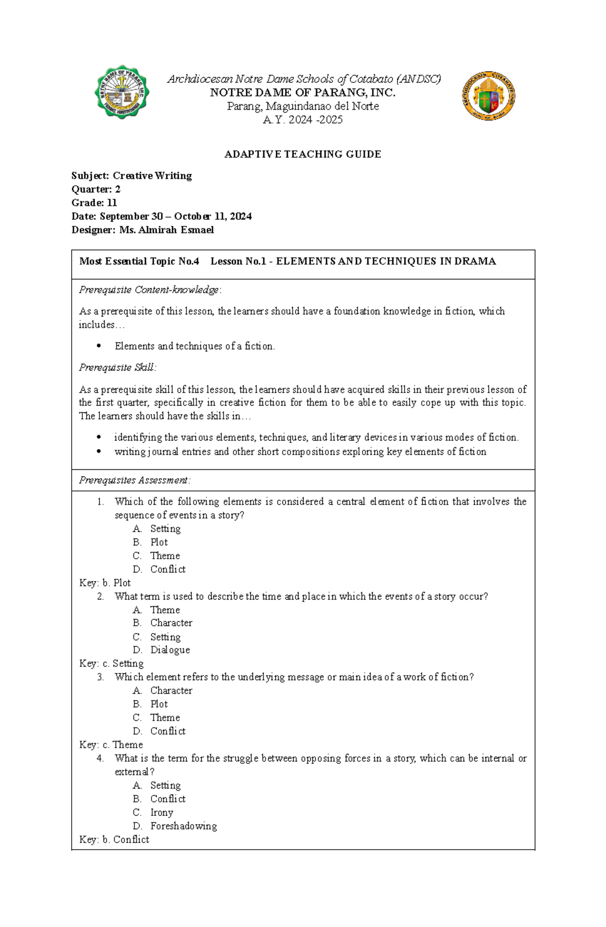 Creative Writing-MET4-ATG Q2: Elements & Techniques in Drama Guide ...