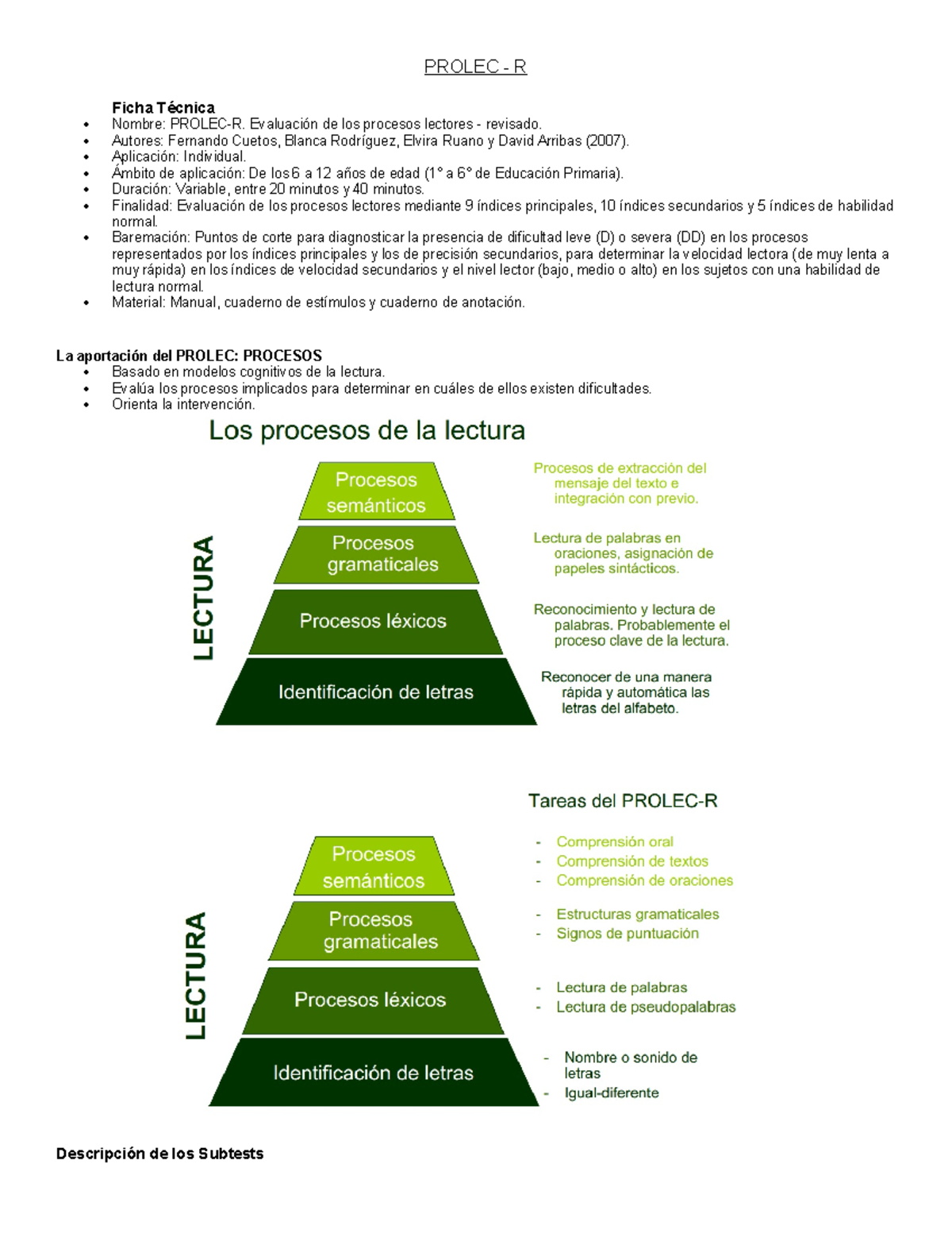 Evaluación de Procesos Lectores: Casos PROLEC-R y LEE - Studocu