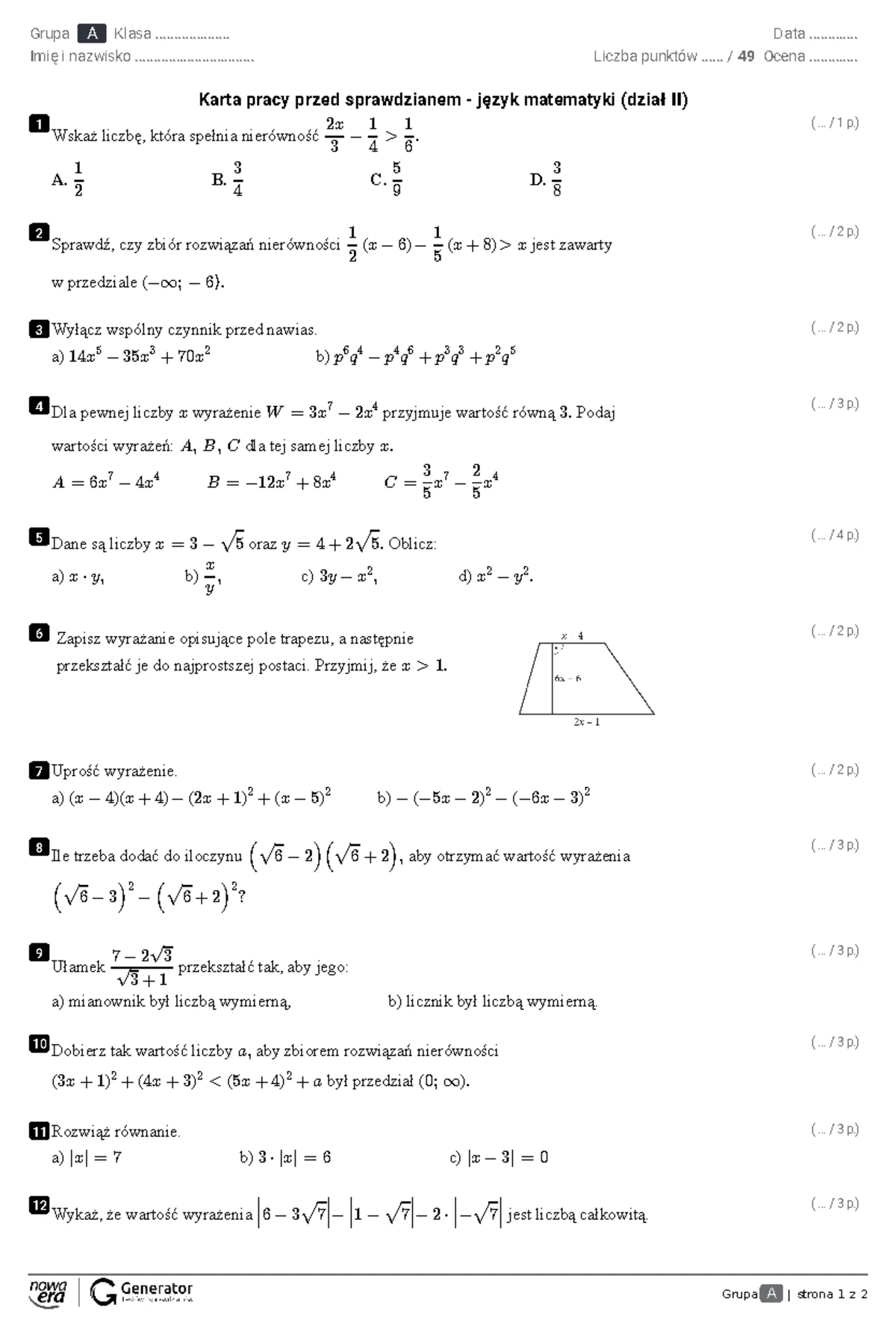 Kl.7 Sprawdzian Figury geometryczne - Figury geometryczne - Studocu