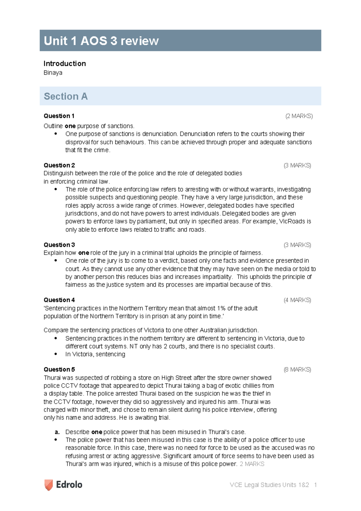 VCE Legal Studies Unit 1 AOS 3 Review: Key Concepts and Case Analysis ...