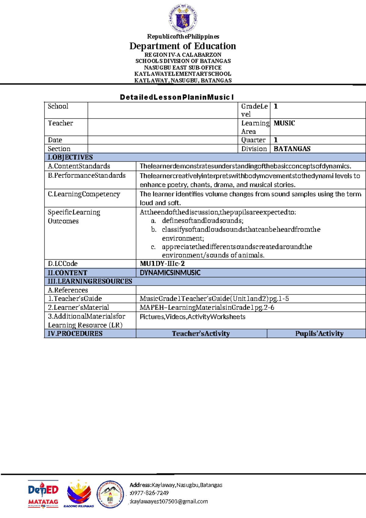 Detailed Lesson Plan in Music I (Grade 1) - Dynamics - Studocu