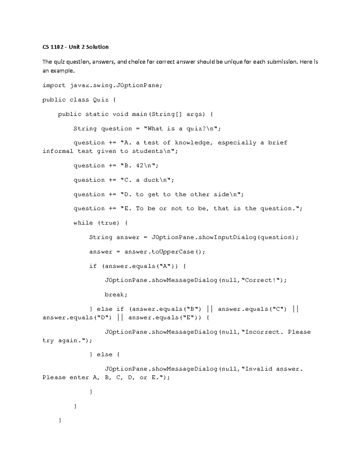 Unit 2 Solution - CS 1102 - Unit 2 Solution The quiz question, answers ...