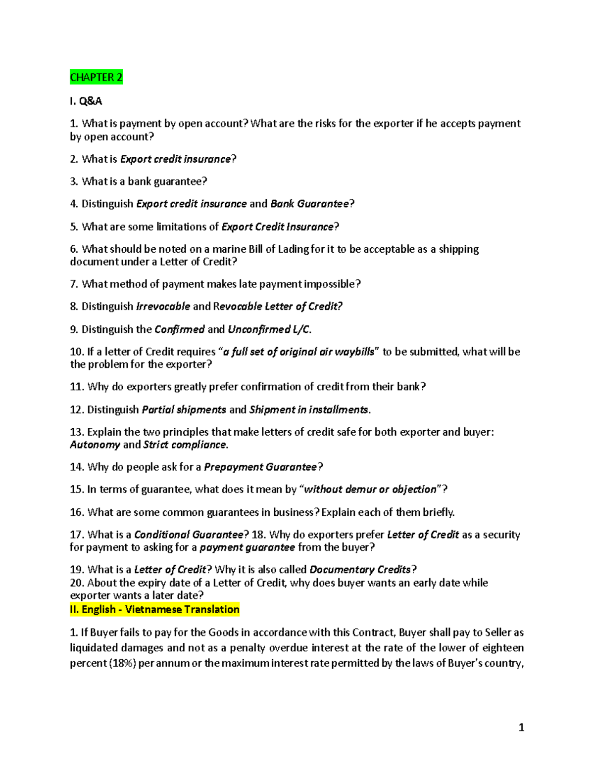 Assignment 4 - Chapter 2: Payment Methods & Export Guarantees - ML 154 ...
