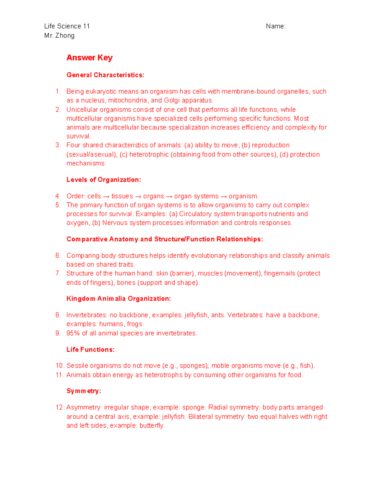 Life Science 11 - Kingdom Animalia Review Questions Answer Key - Studocu