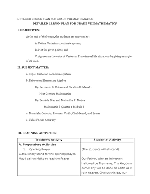 Mathematics 8 Lesson Plan: Types of Angle Pairs and Applications - Studocu
