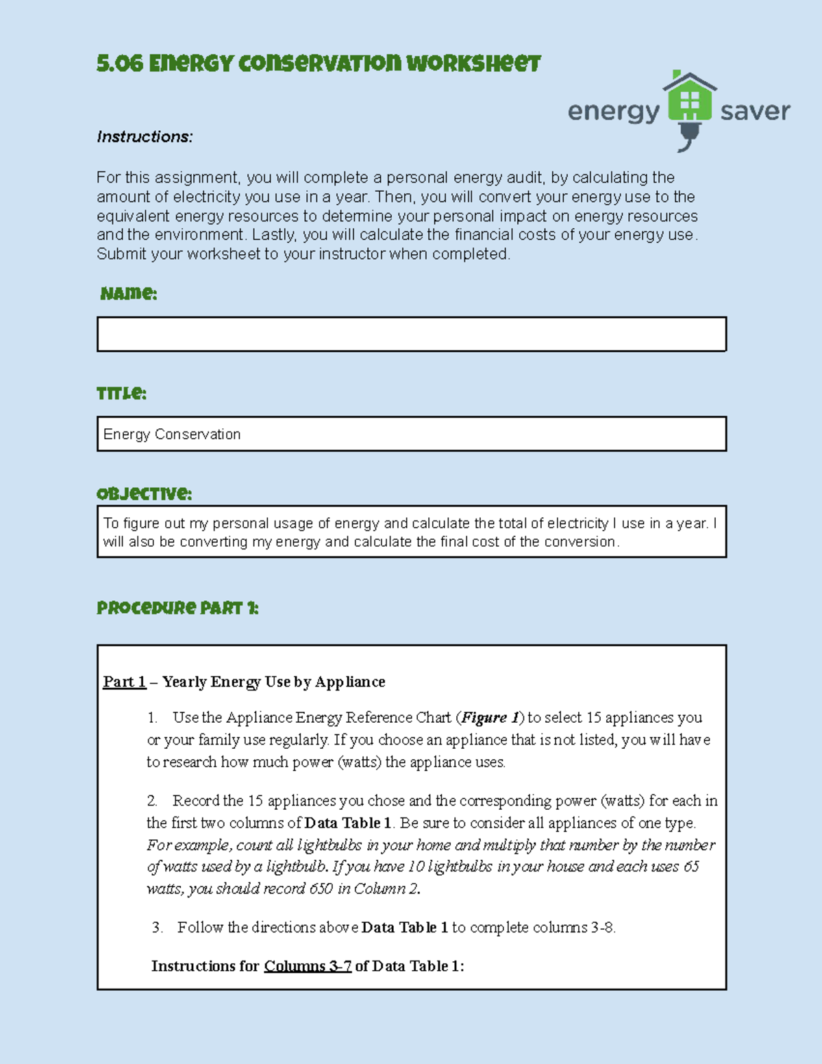 Revised 5.06 Energy Conservation Worksheet: Personal Energy Audit - Studocu