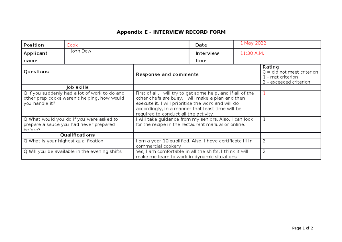 Sitxhrm 004 Interview Record Form - Cook Position for John Dew - Studocu