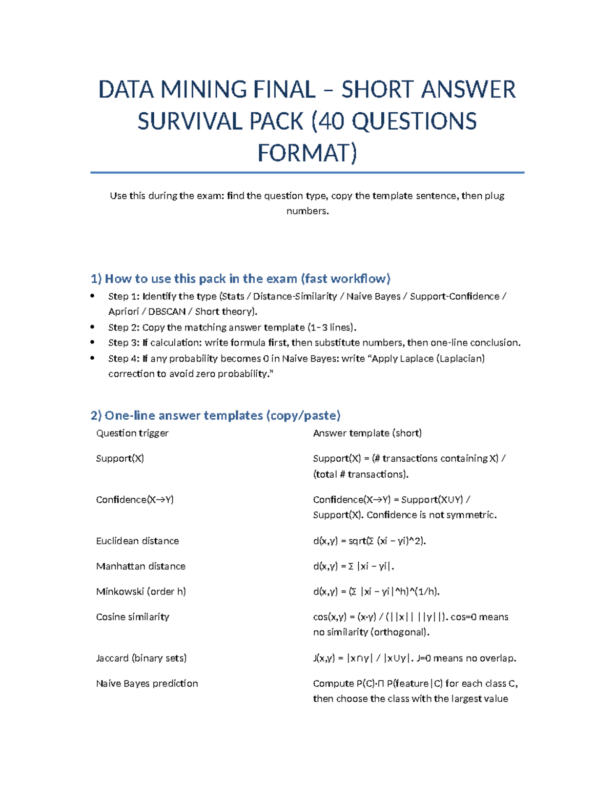 DATA MINING FINAL EXAM SHORT ANSWER SURVIVAL PACK (40 Qs) - Studocu