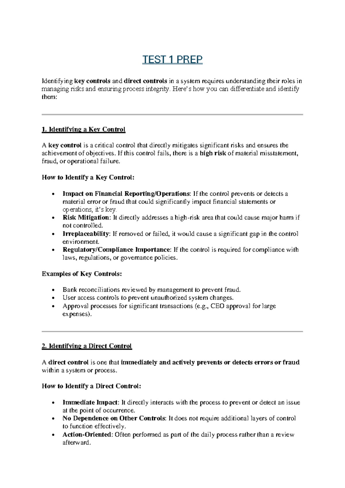 TEST 1 PREP: Key and Direct Controls in Risk Management - Studocu
