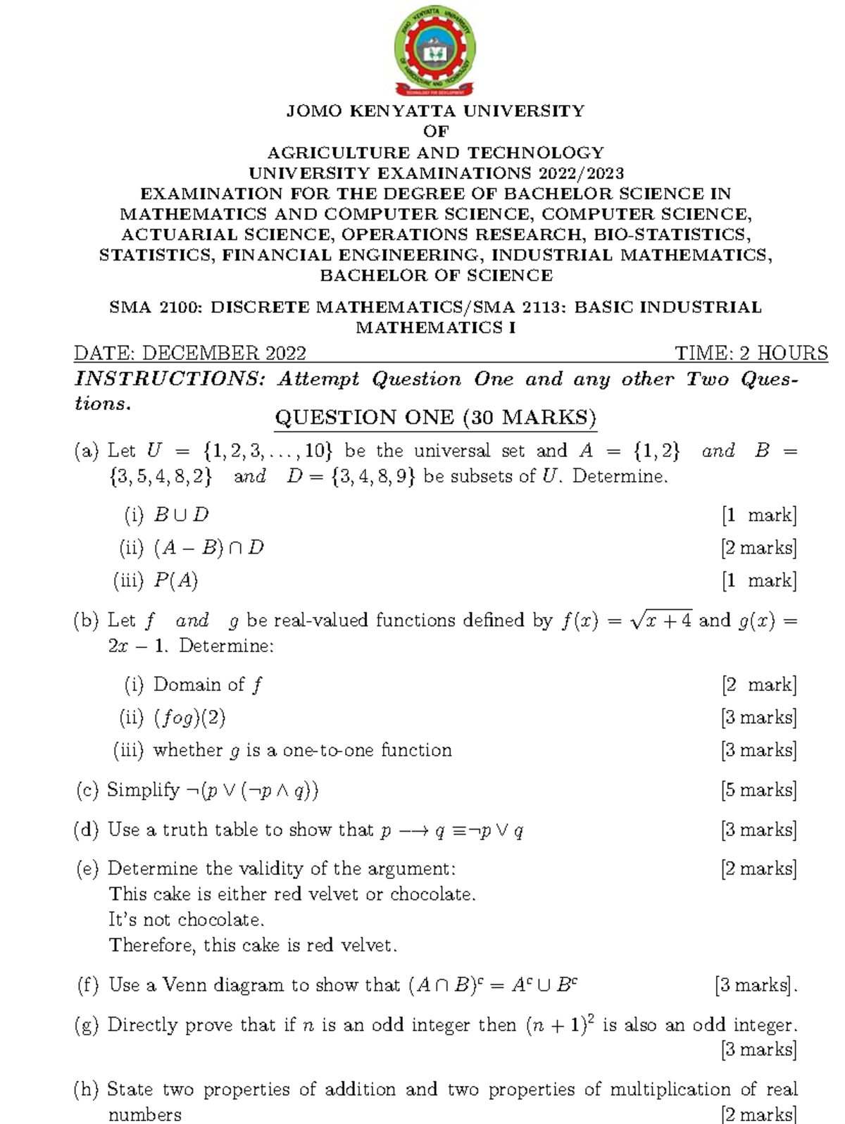 SMA 2100 Discrete Mathematics DEC 2022 - JOMO KENYATTA UNIVERSITY OF ...