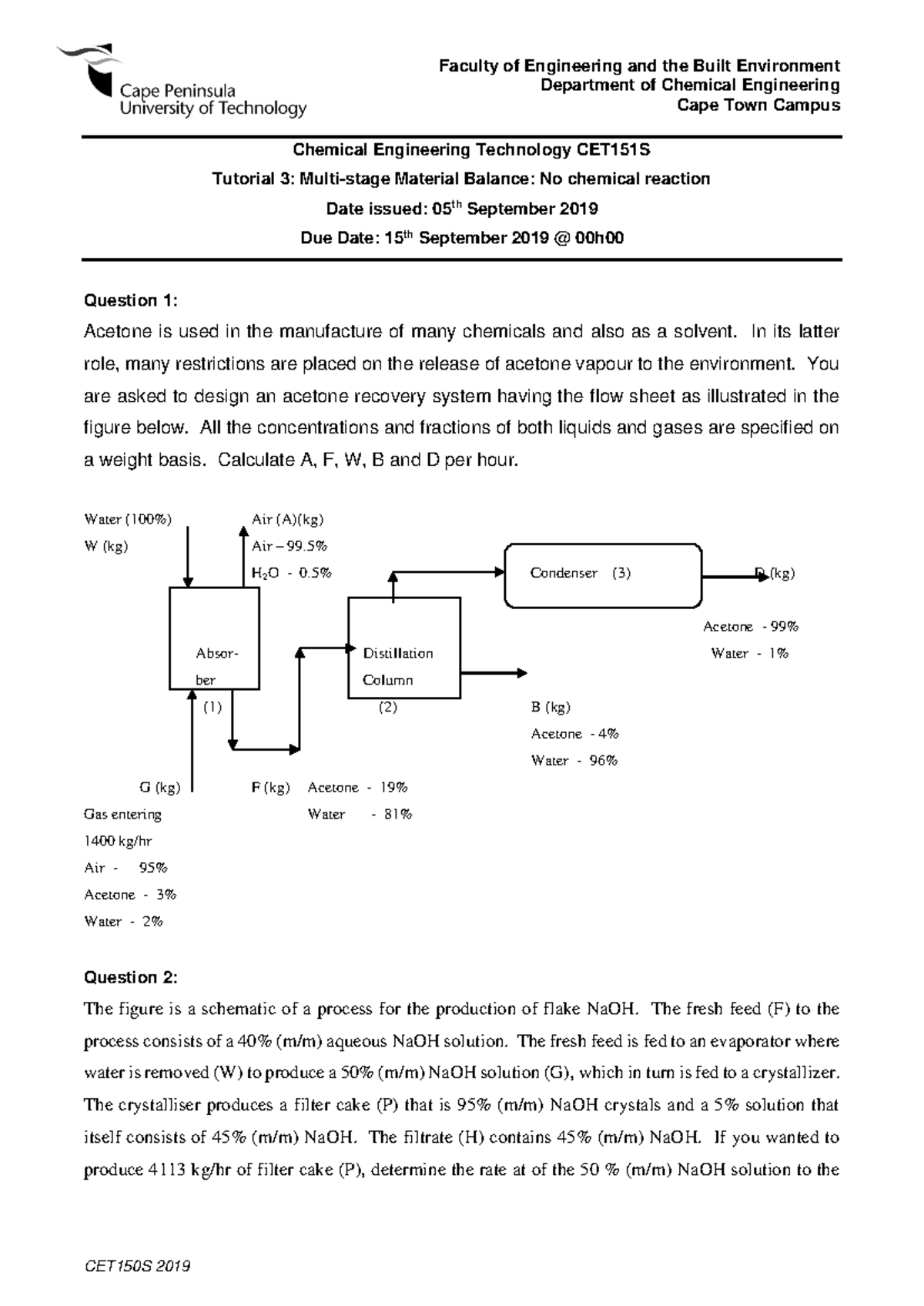 CET150S Tutorial 3: Material Balance without Chemical Reactions - Studocu