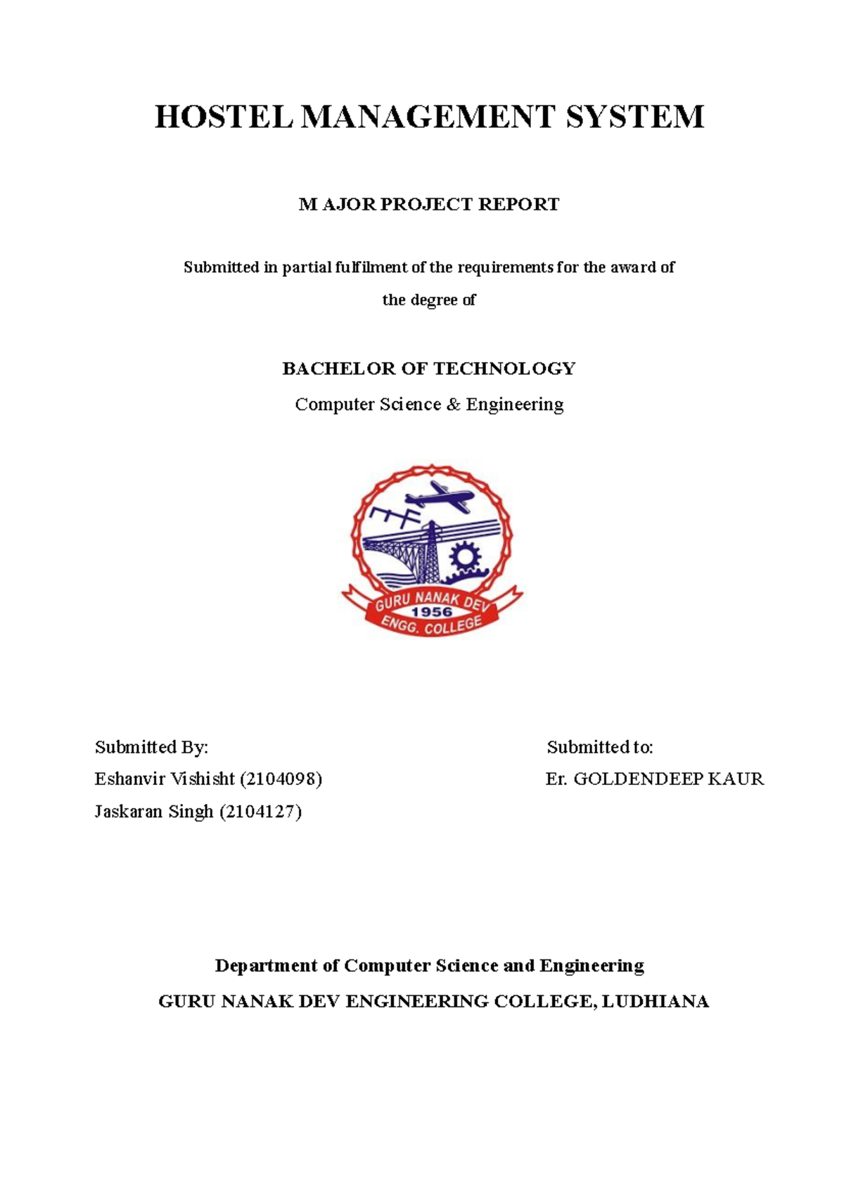 HOSTEL MANAGEMENT SYSTEM (BTECH CSE) MAJOR PROJECT REPORT - Studocu