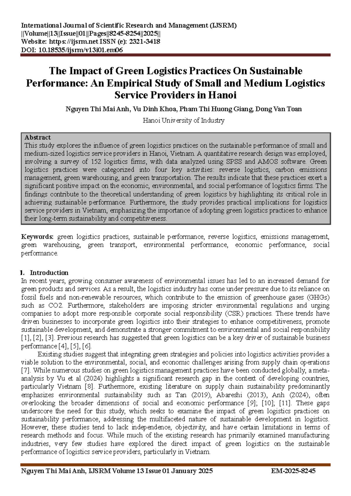 The Impact of Green Logistics Practices on Sustainable Performance in ...