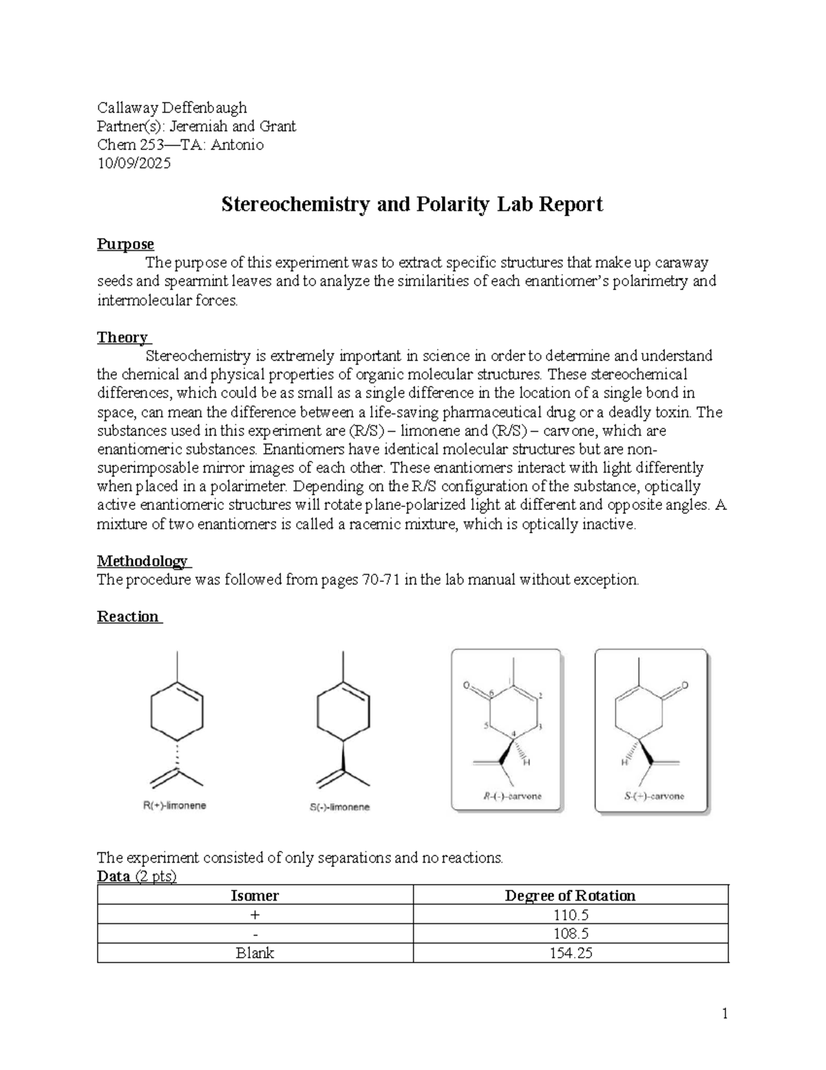 Ochem Lab 7: Stereochemistry and Polarity Analysis Report - Studocu