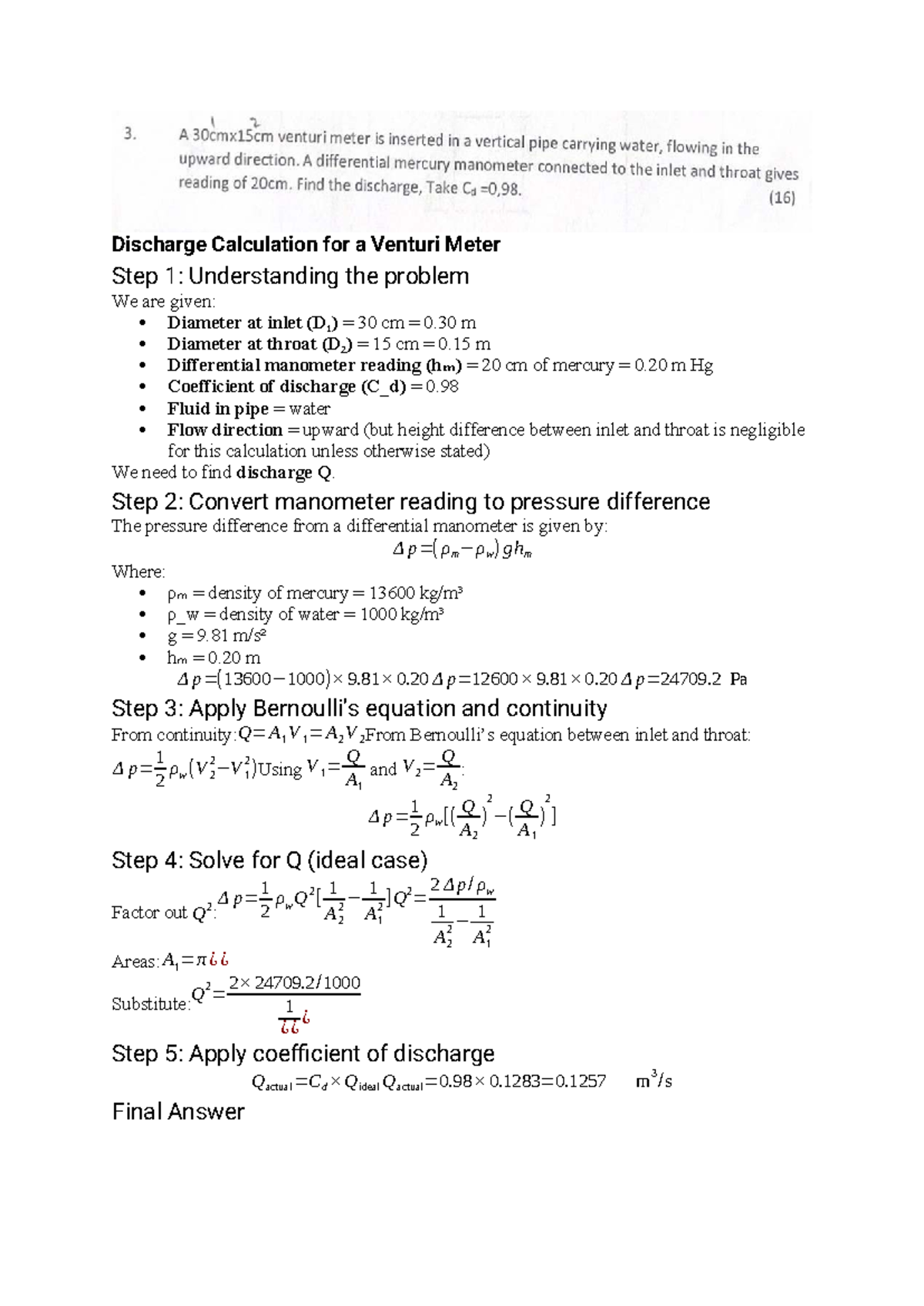 Fluid Mechanics Memo: Discharge Calculation for Venturi Meter - Studocu