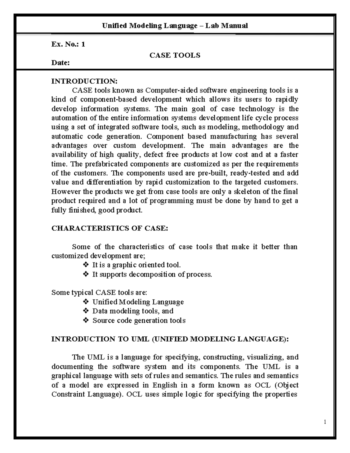 UML Lab Manual: Introduction to CASE Tools and Diagrams - Studocu