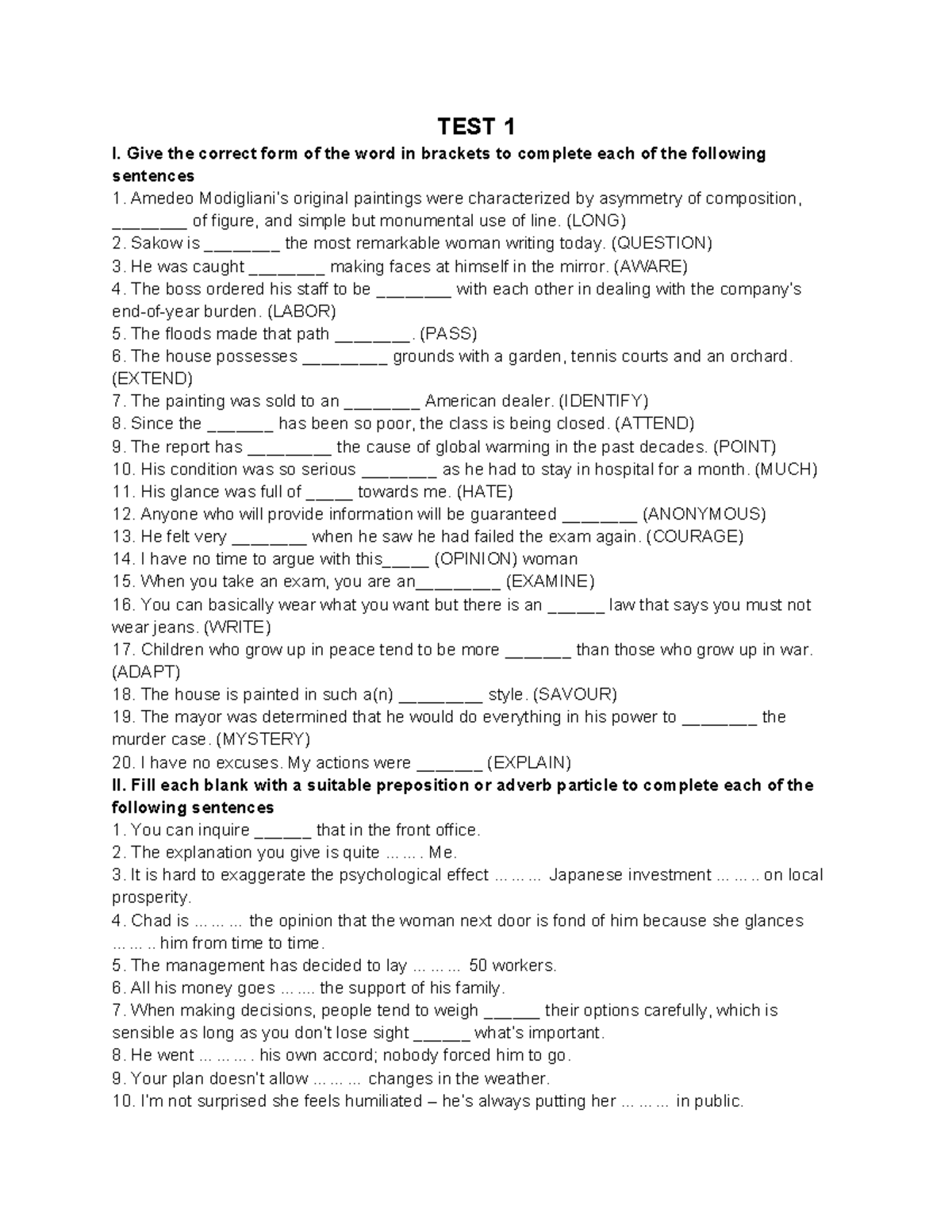 Test 1 - Word Forms and Sentence Completion Exercises - Studocu